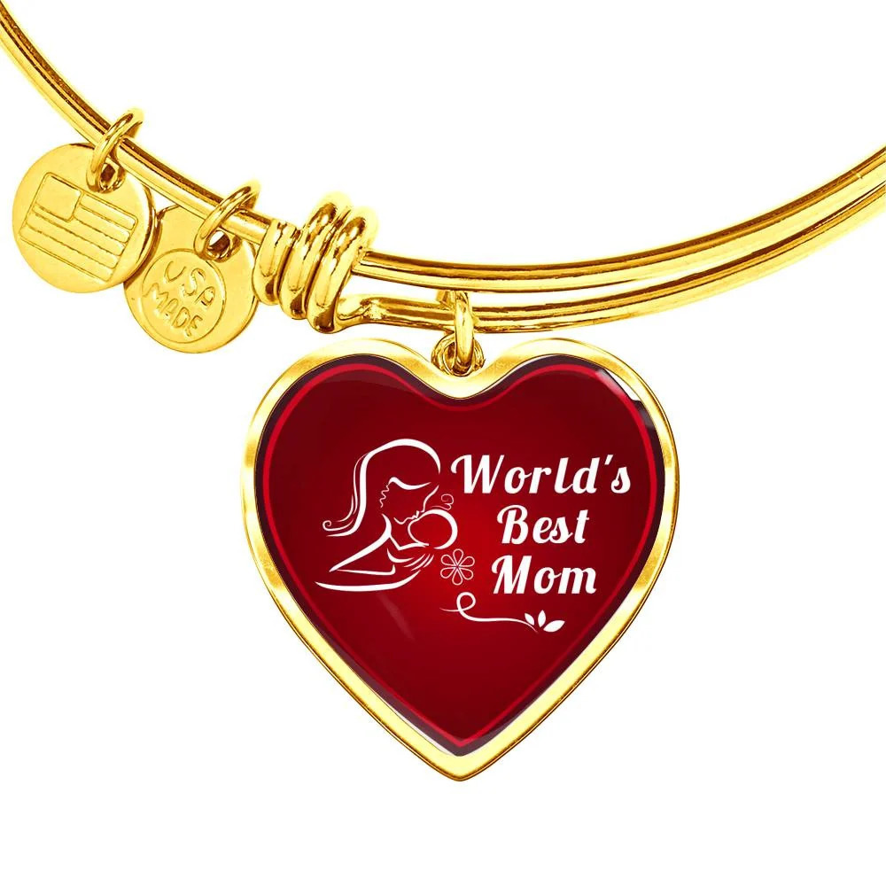 Mom Message World's Best Mom Personalized Engraved Gold Heart Bangle Bracele